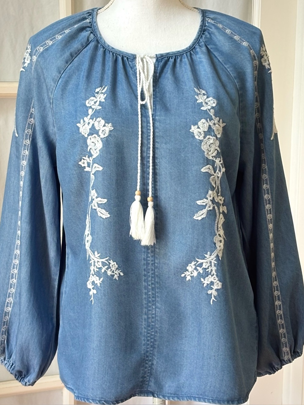 Nanette Lepore Embroidered Lyocell Chambray Peasant Blouse | Small